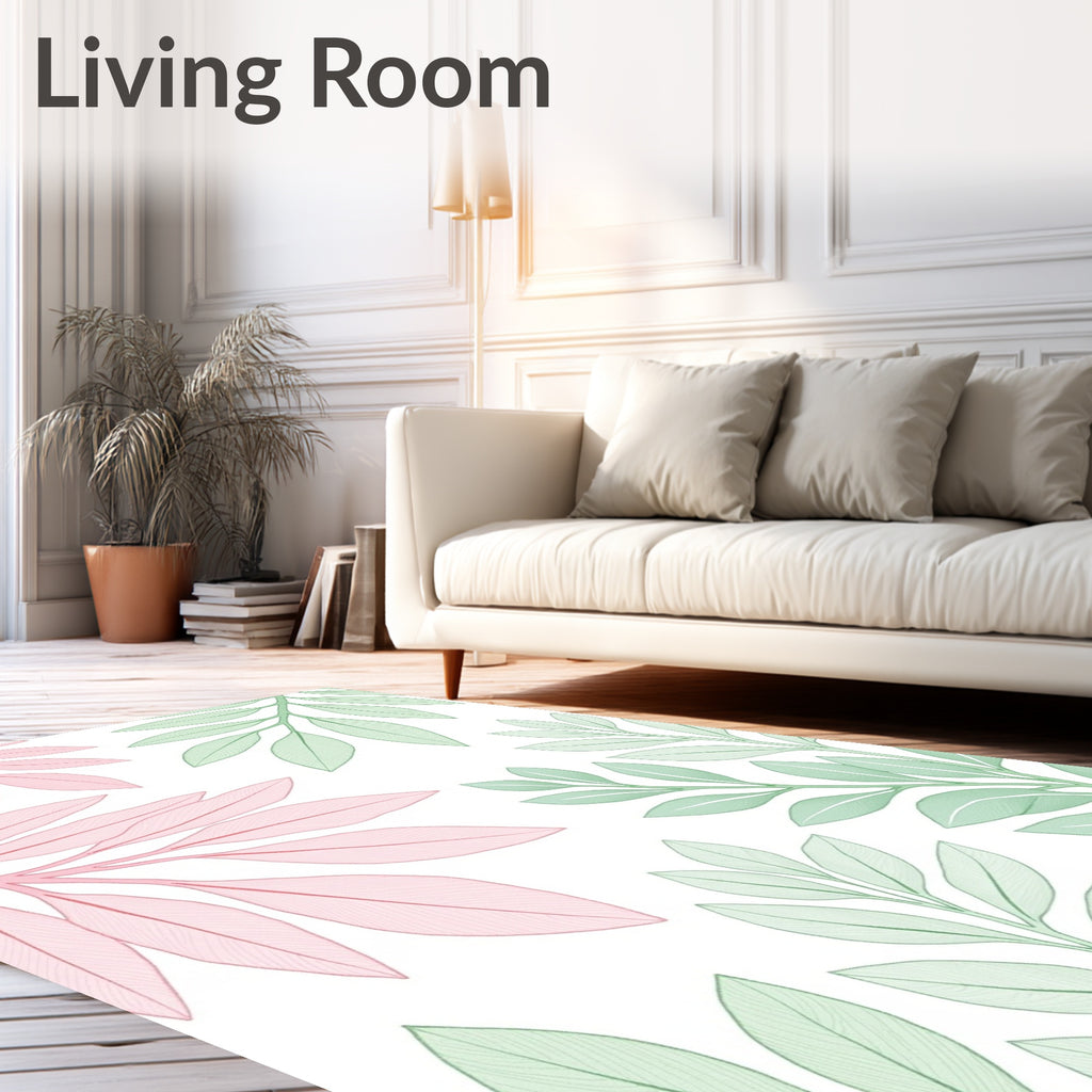 Soft Pink Green Leafy Branches Rug
