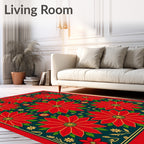 Bold Red Poinsettia Green Border Rug