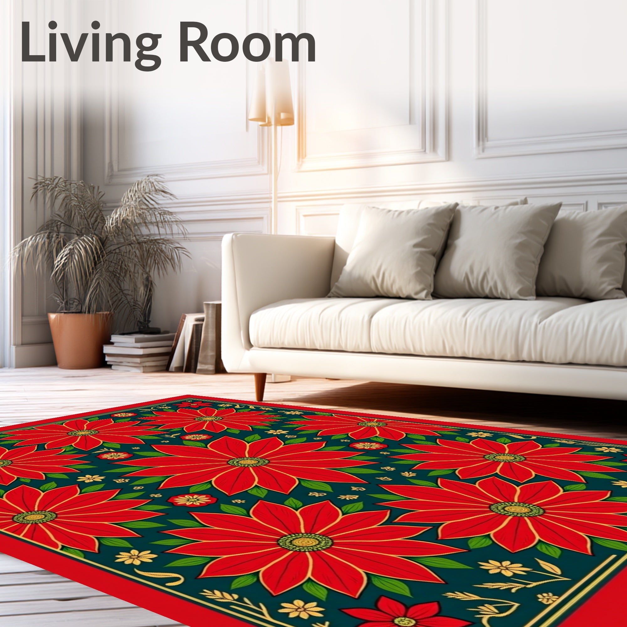 Bold Red Poinsettia Green Border Rug