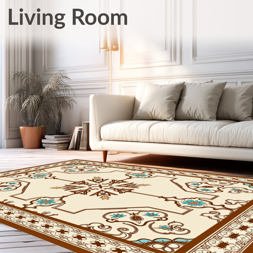 Cream Ornamental Brown Floral Medallion Rug
