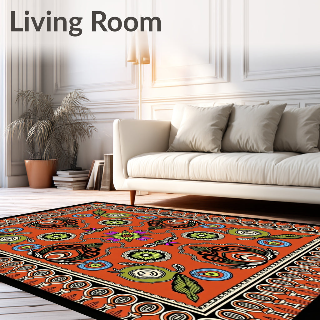 Vibrant Orange Floral Medallion Geometric Rug