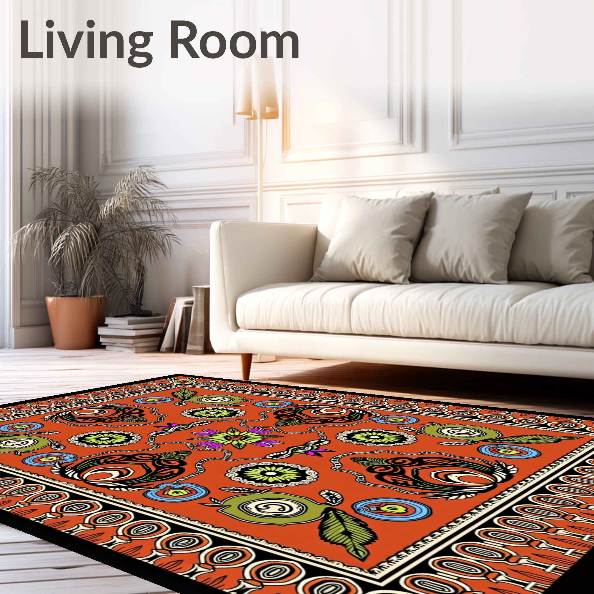 Vibrant Orange Floral Medallion Geometric Rug
