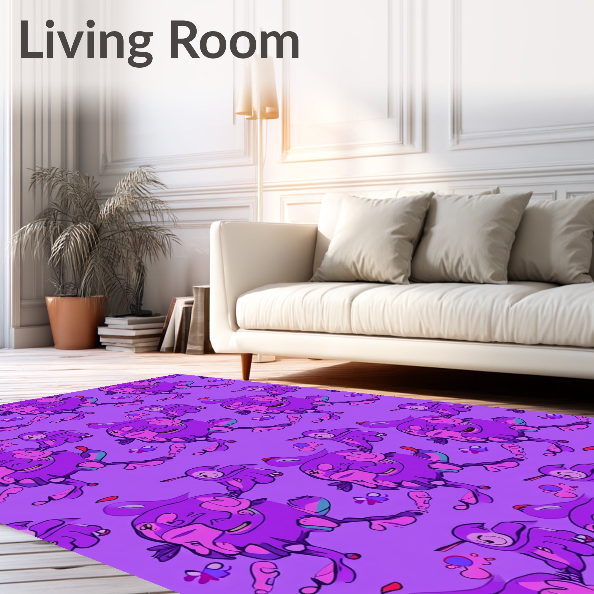 Whimsical Purple Cartoon Bird Creatures Rug