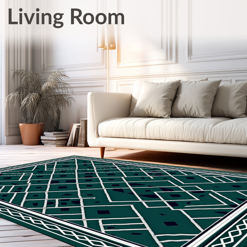 Emerald White Geometric Diamond Lattice Rug