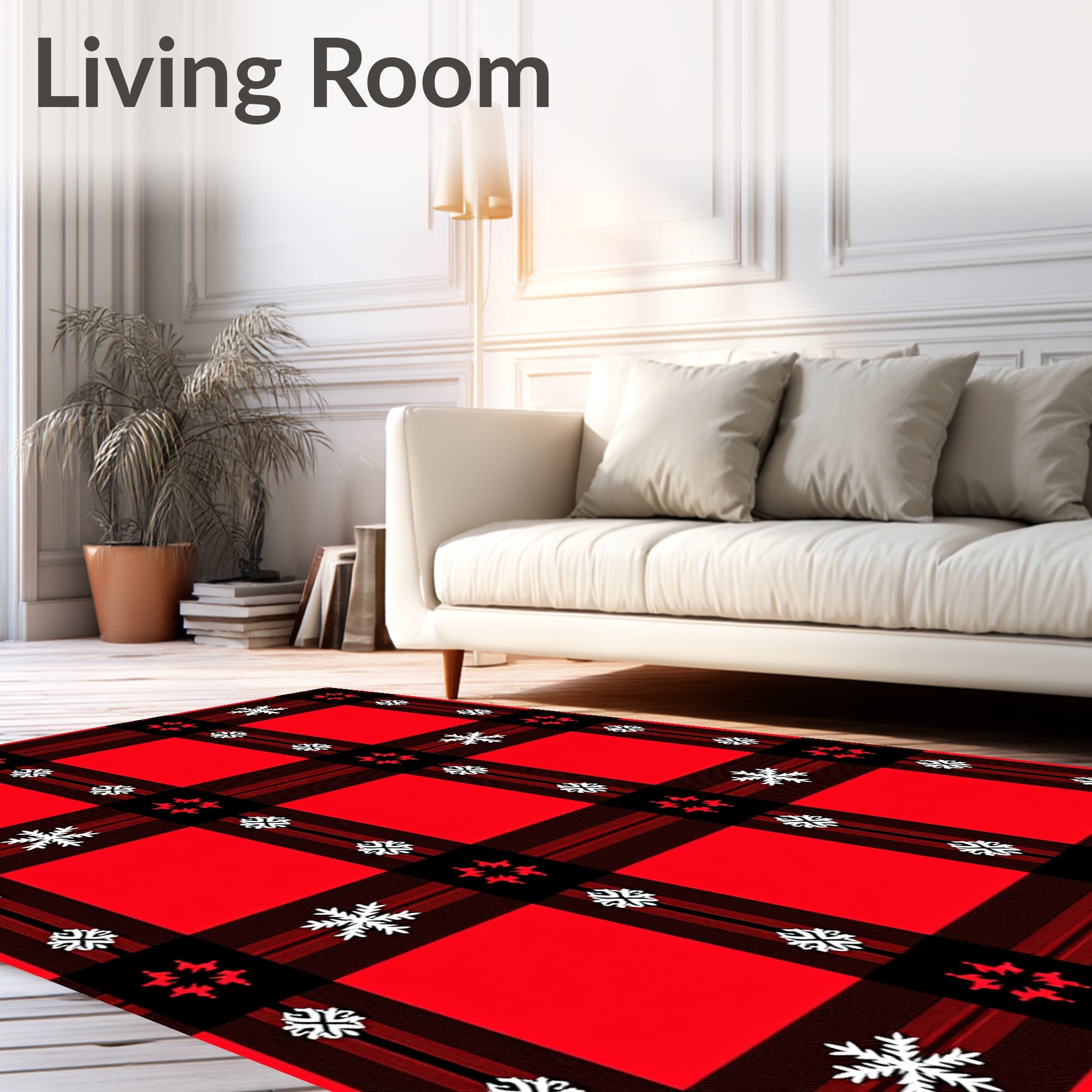 Red Black Plaid Snowflake Accents Rug