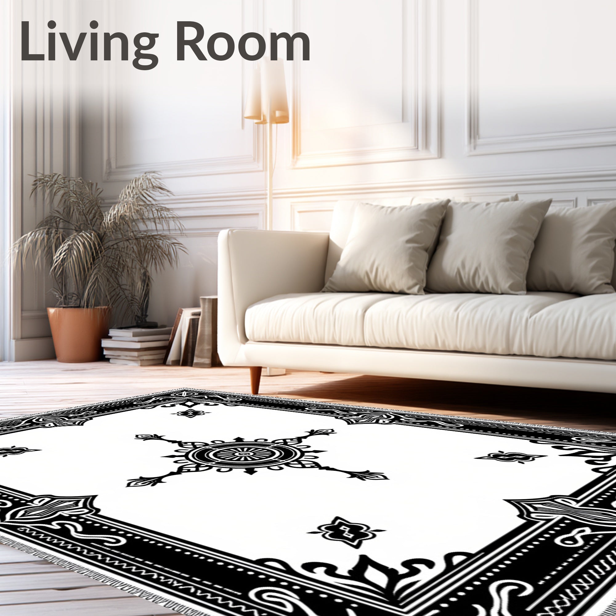 Ornate Black and White Medallion Rug
