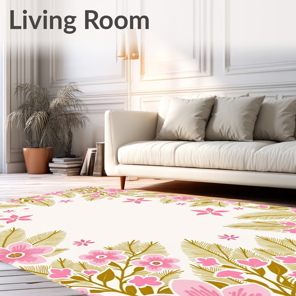 Pink Floral Border with Golden Leaves Rug