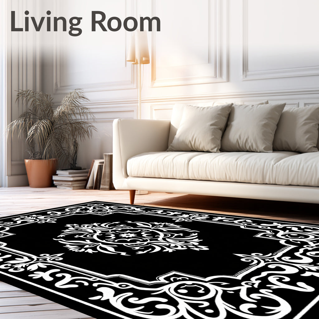 Classic Black White Ornate Frame Rug