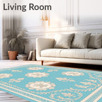 Aqua and Cream Fleur-de-lis Medallion Rug