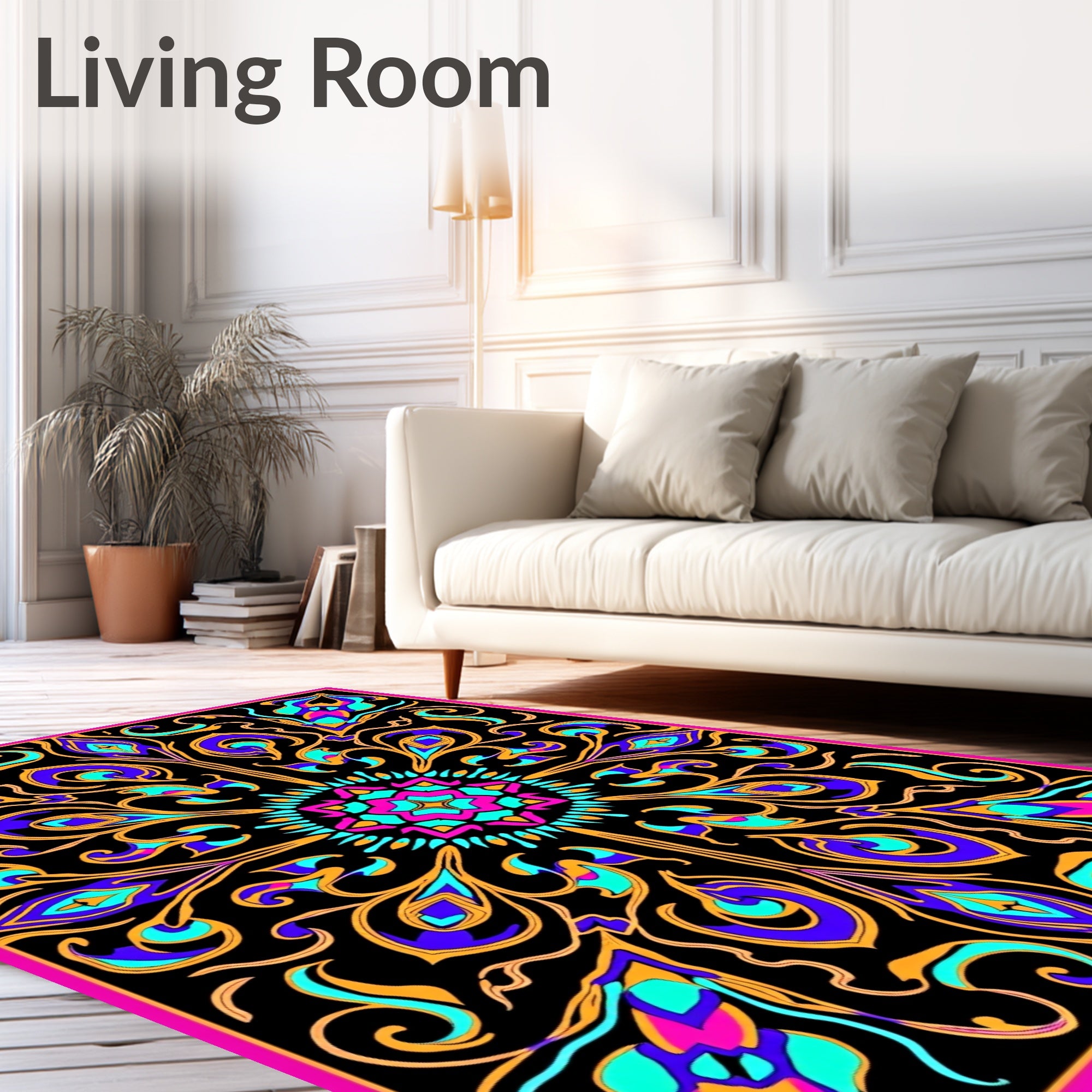Vibrant Black Floral Medallion Rug