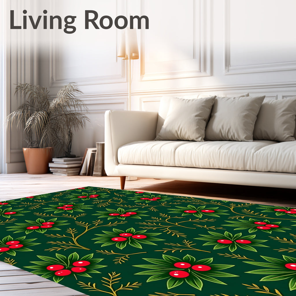 Deep Green Holly Berry Branch Rug