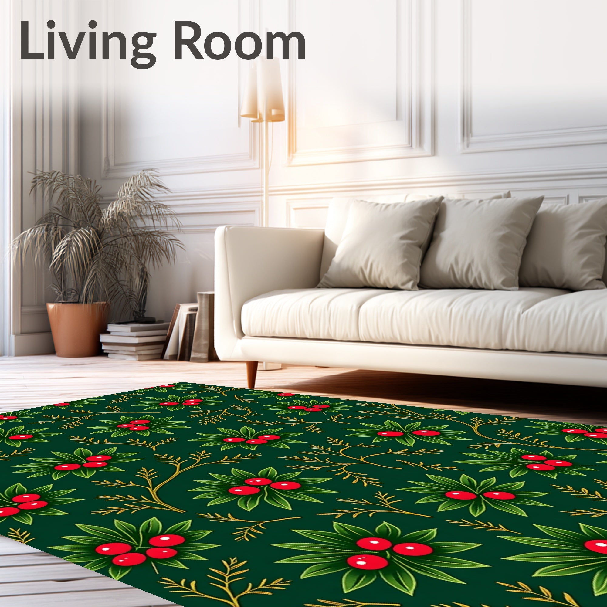 Deep Green Holly Berry Branch Rug