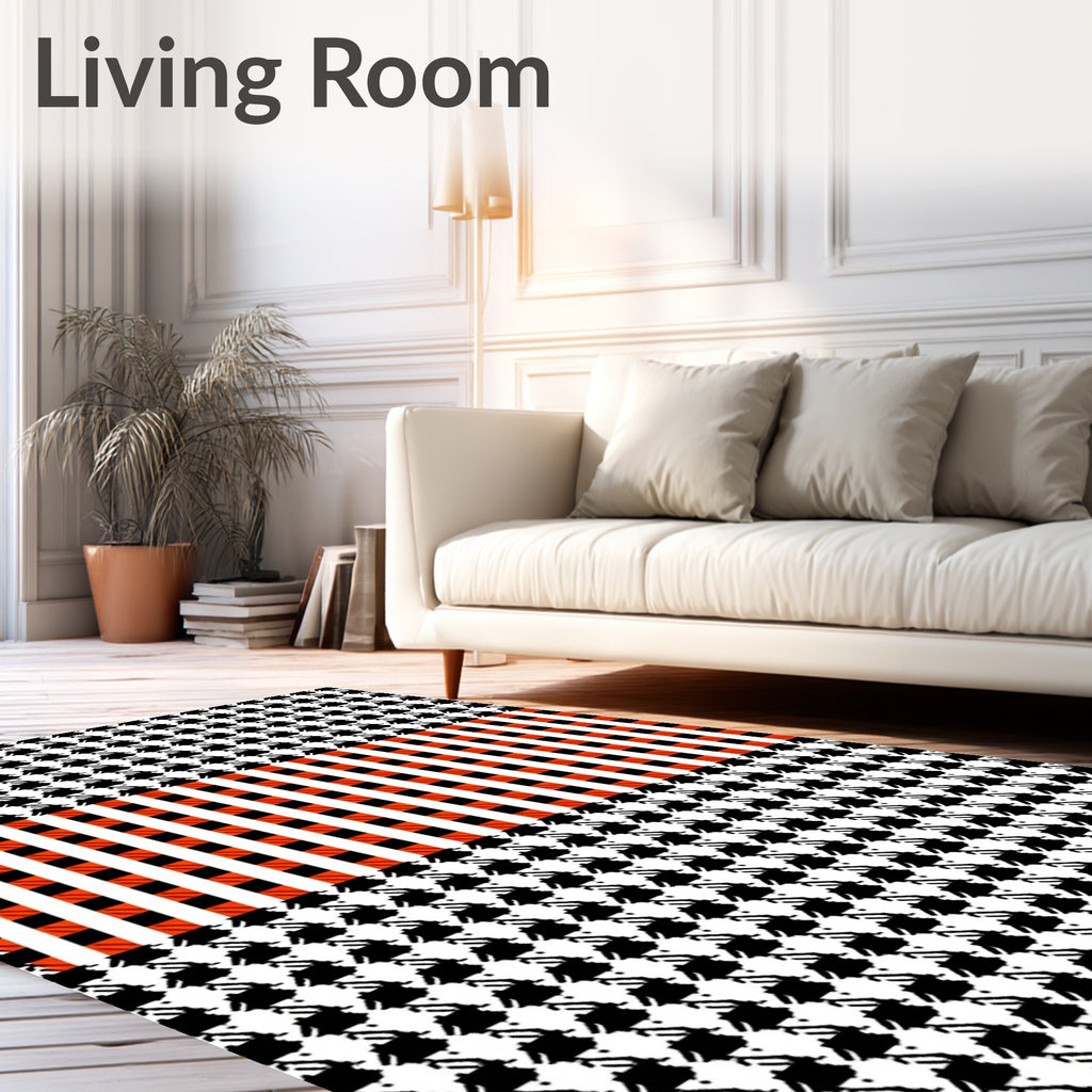 Black White Orange Gingham Houndstooth Rug