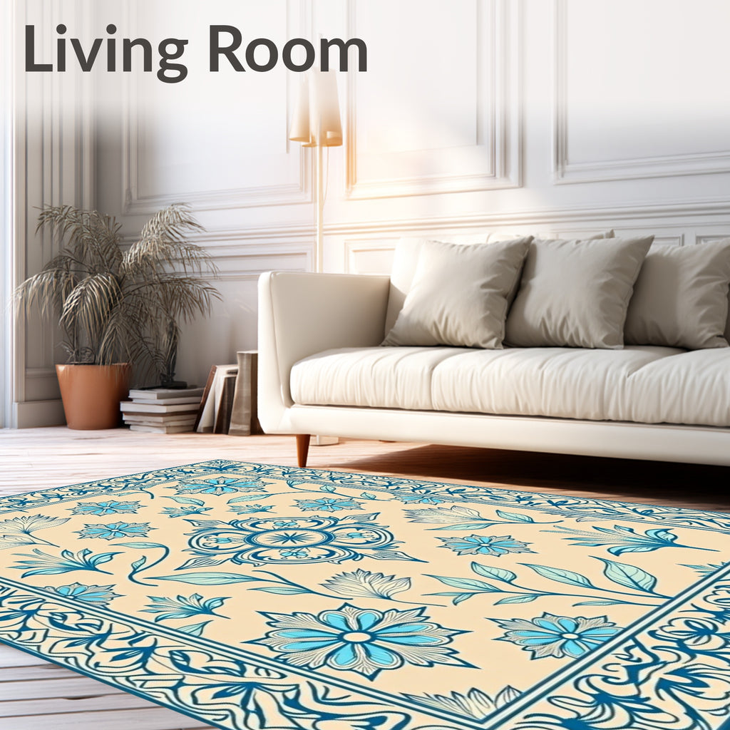 Aesthetic Blue Floral Medallion Border Rug