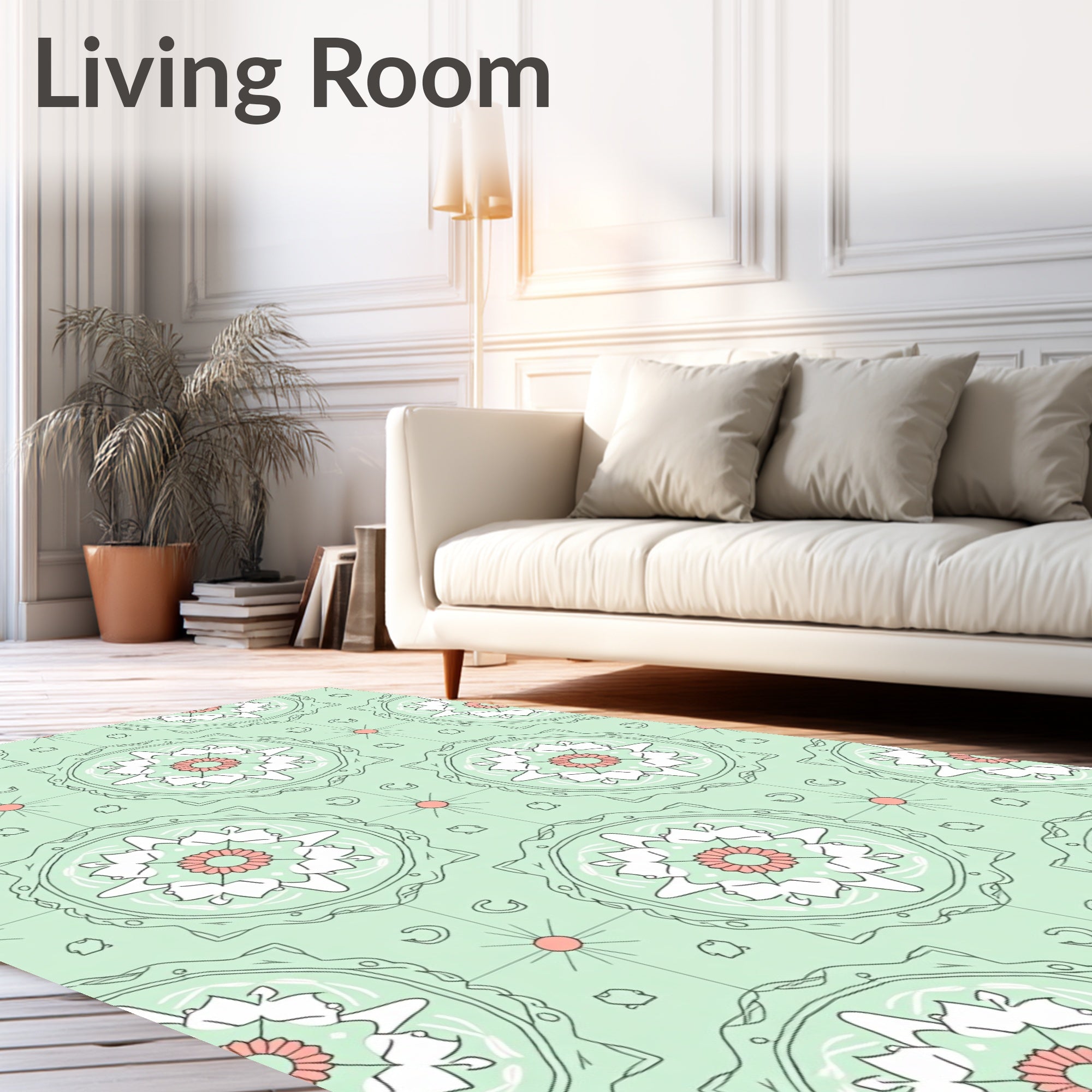 Mint Green Floral Mandala Round Rug