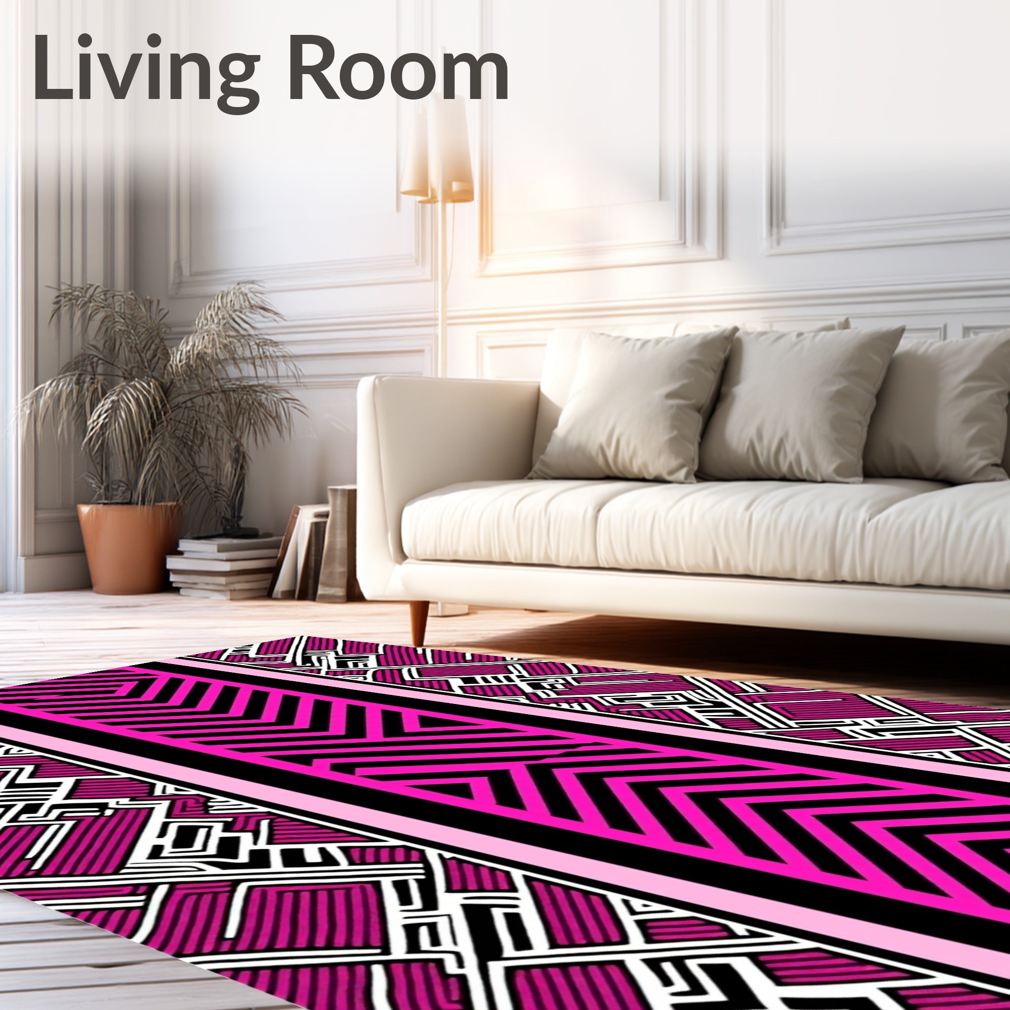 Vibrant Pink Black Chevron Geometric Rug
