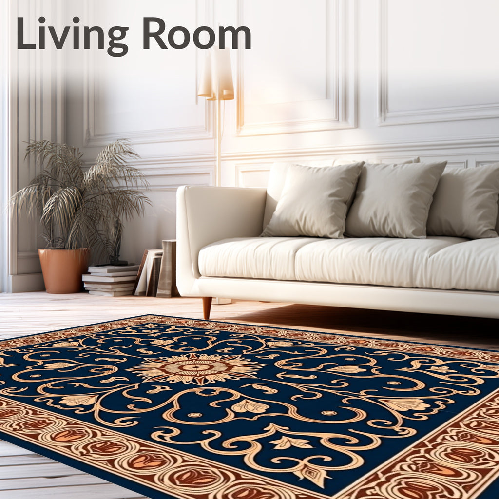 Navy Blue Floral Scrollwork Medallion Rug