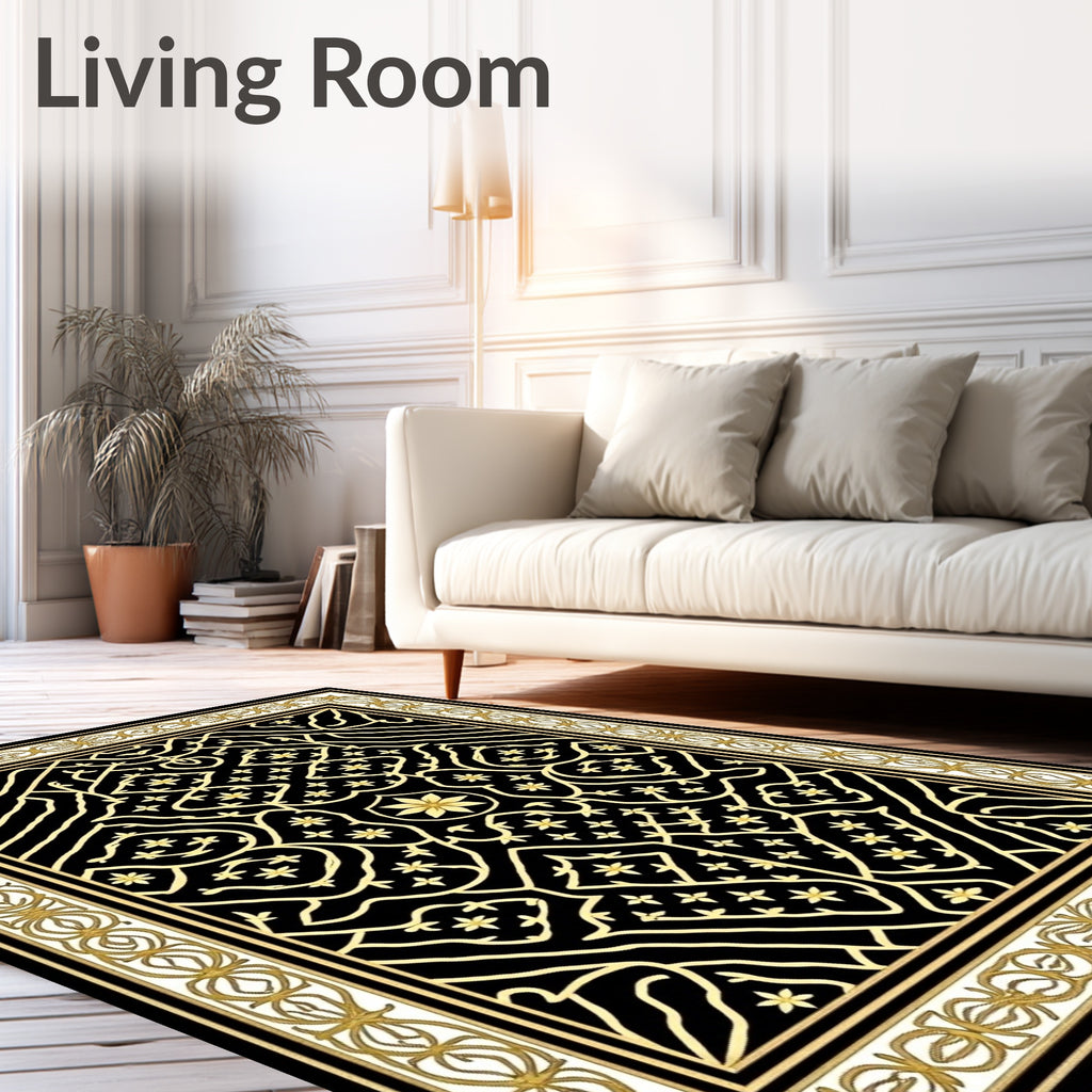 Black and Gold Geometric Floral Medallion Rug