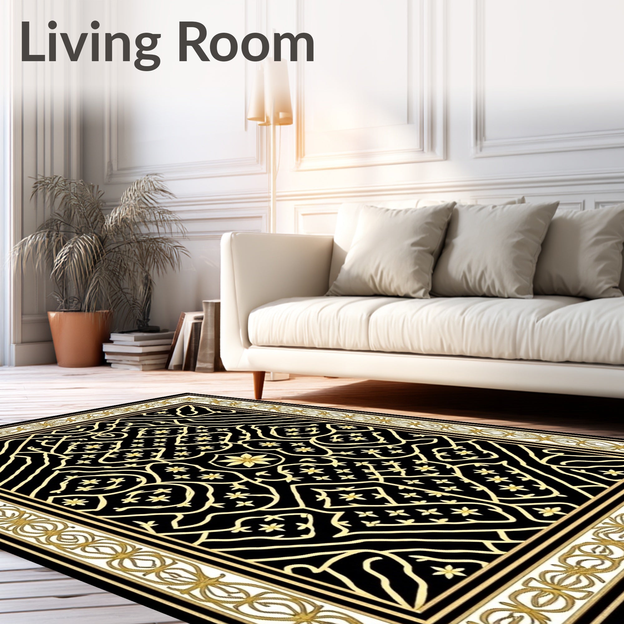 Black and Gold Geometric Floral Medallion Rug