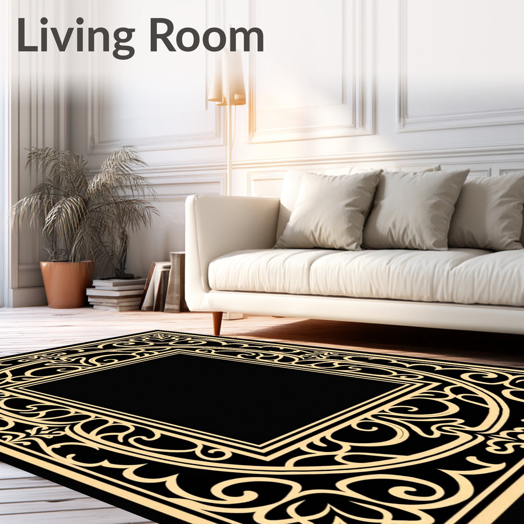 Black Gold Ornate Scroll Square Rug