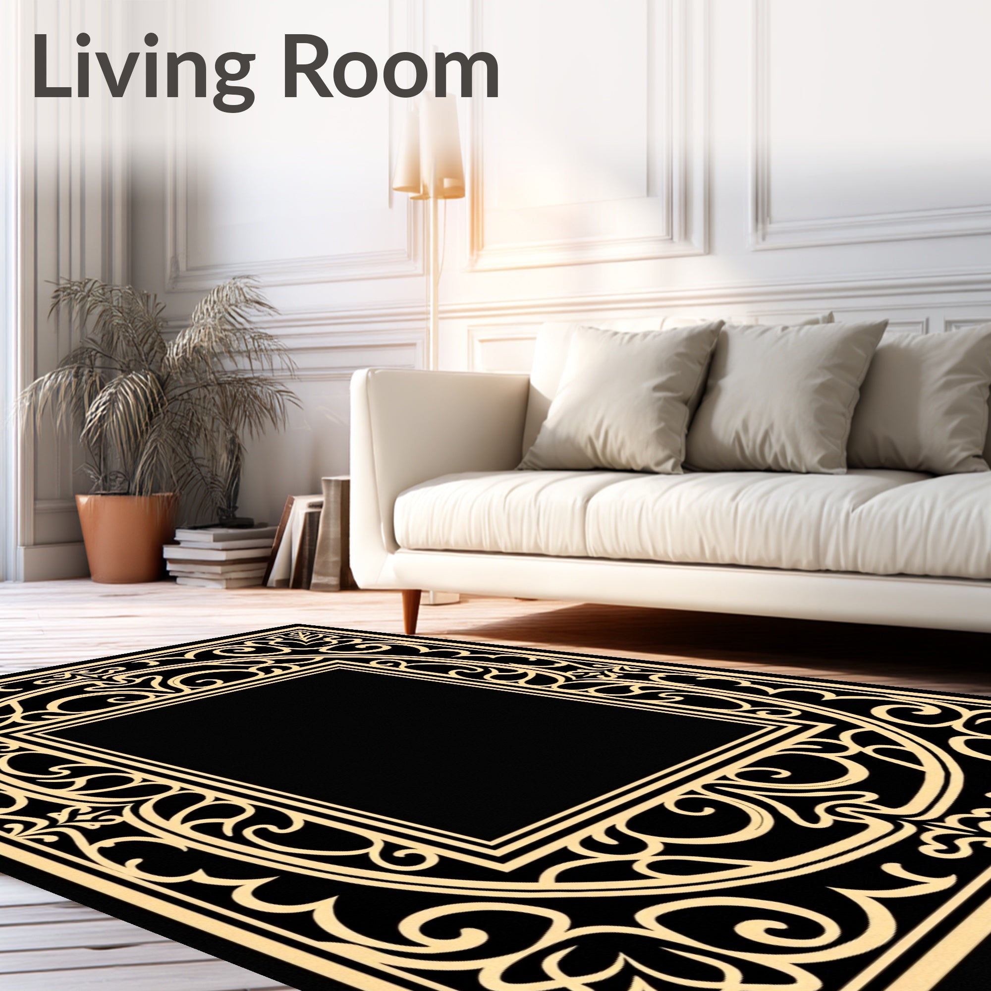 Black Gold Ornate Scroll Square Rug