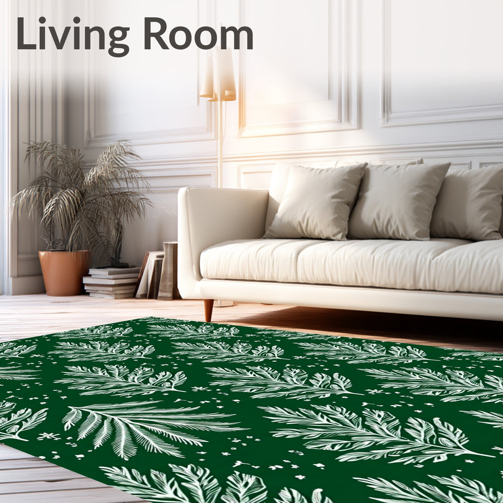 White Fern Fronds on Deep Green Rug