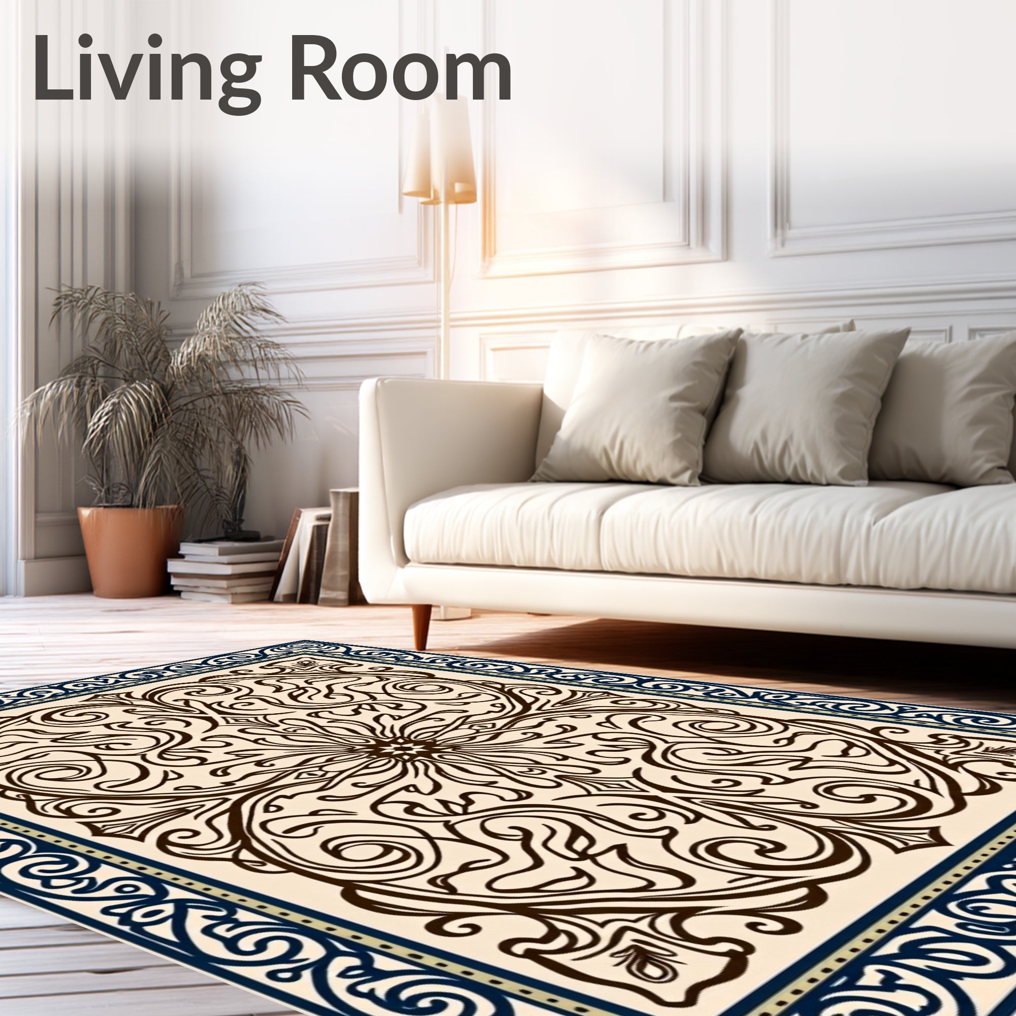 Antique Ivory Folk Art Swirl Rug