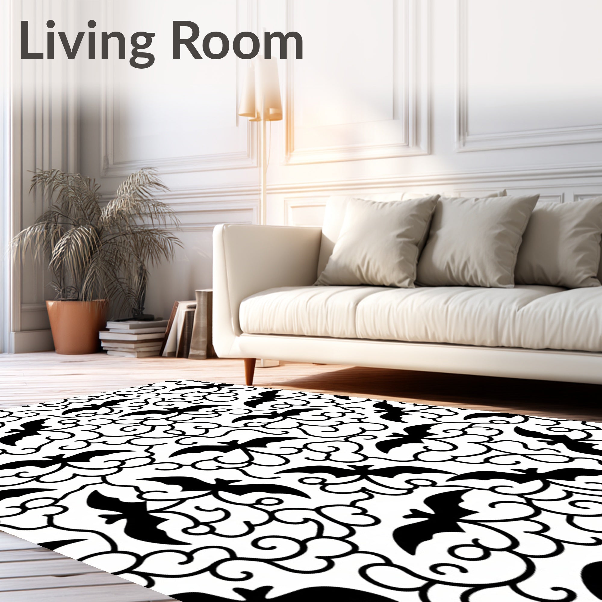 Whimsical Black Bat Swirls Rug