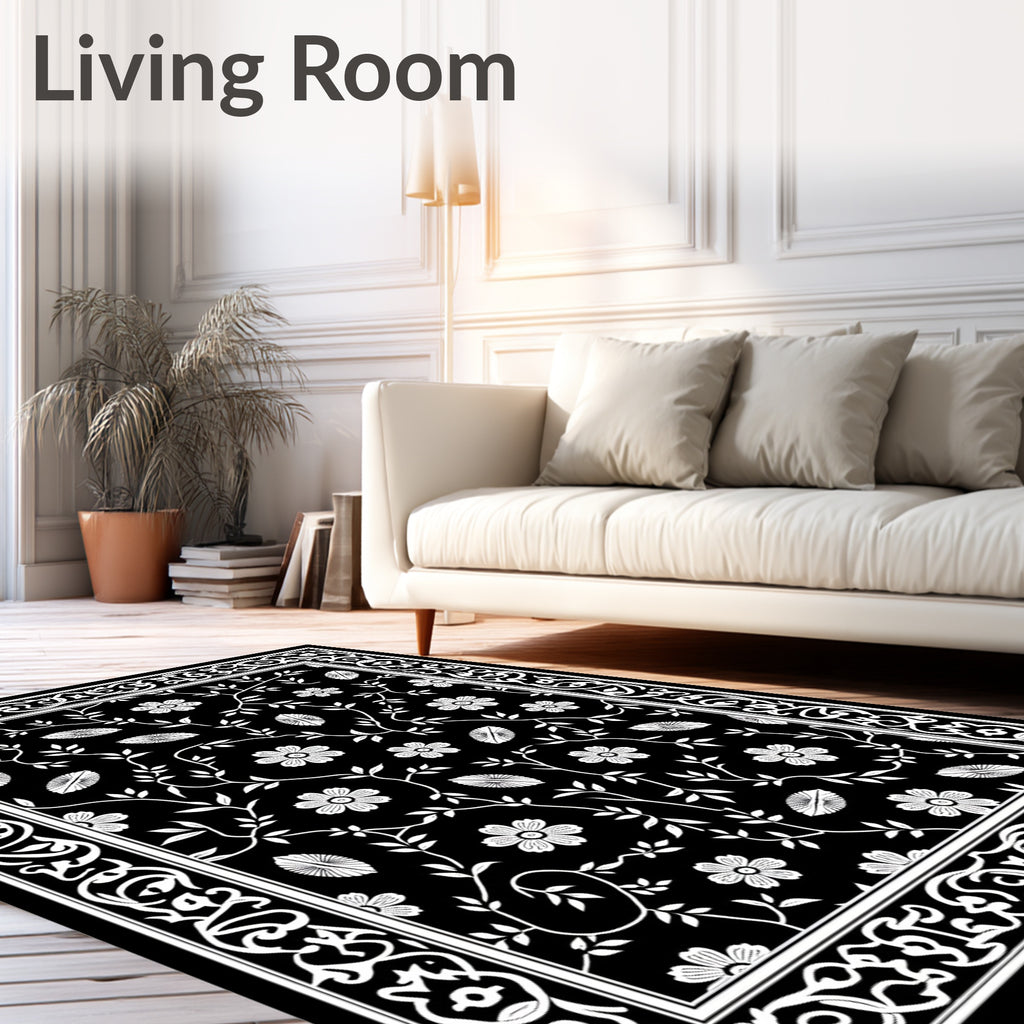 Black White Floral Vines Border Rug