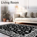 Black White Floral Vines Border Rug