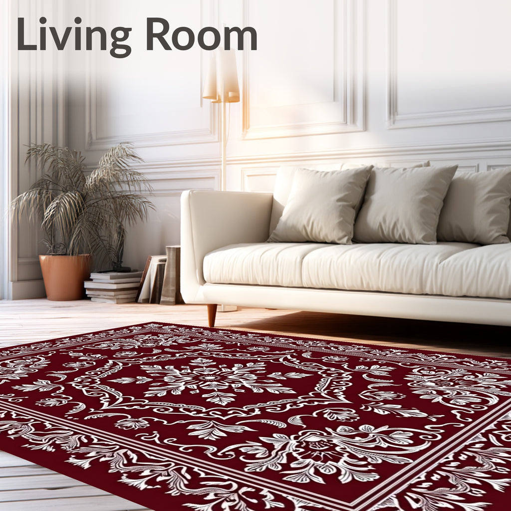Crimson Ornate Floral Scrollwork Rug