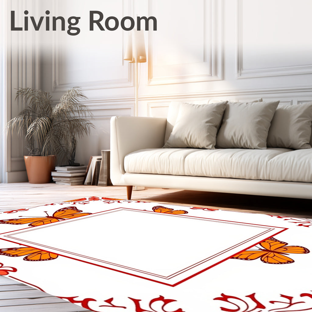 Orange Butterfly Red Bordered Frame Rug