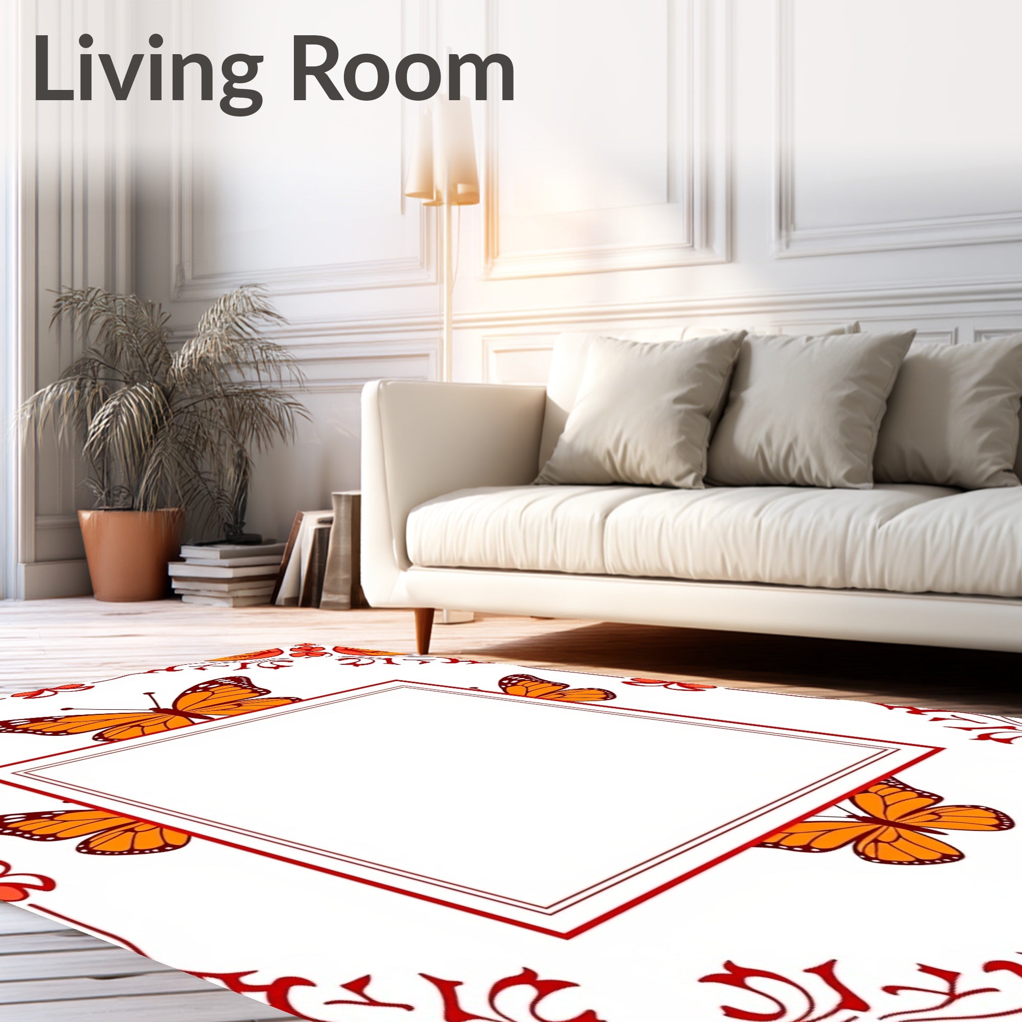 Orange Butterfly Red Bordered Frame Rug