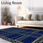 Gold Geometric Lines Navy Blue Rug