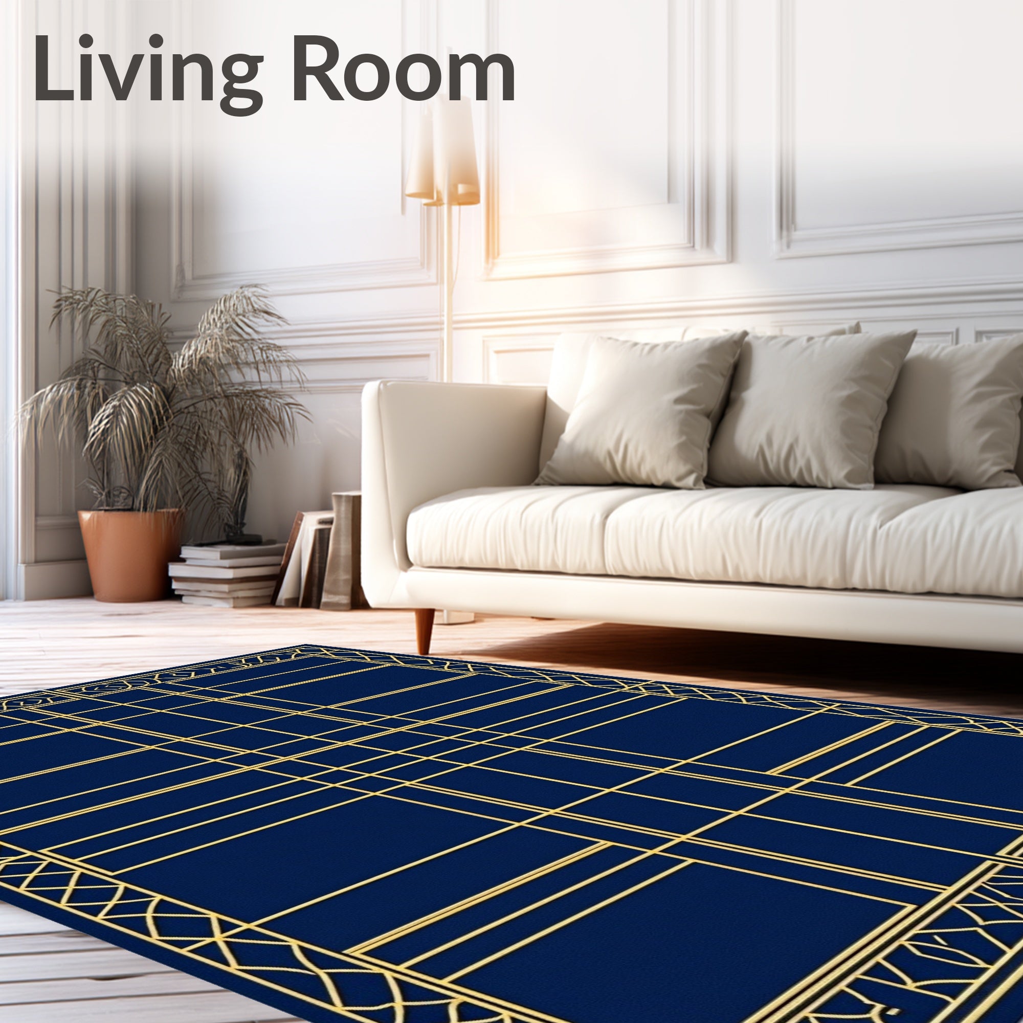 Gold Geometric Lines Navy Blue Rug