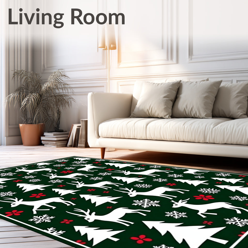 Festive Green White Reindeer Snowflakes Sprigs Rug