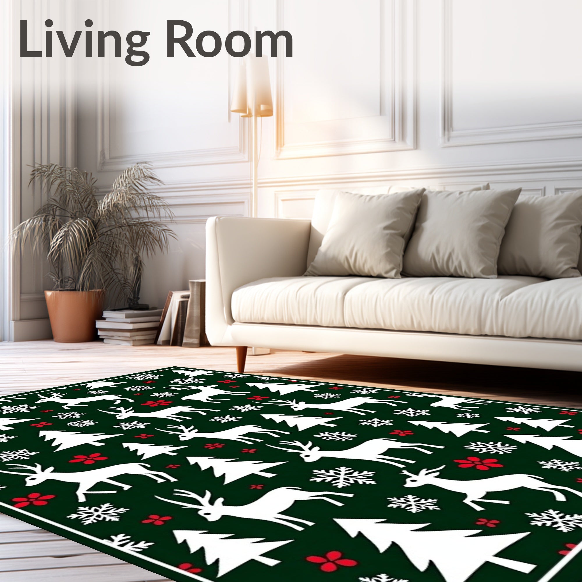 Festive Green White Reindeer Snowflakes Sprigs Rug