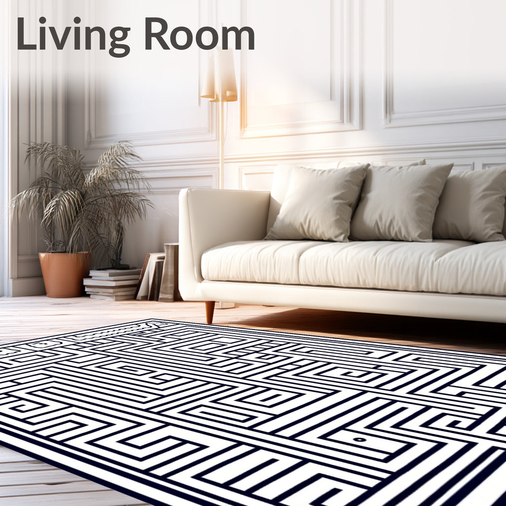 Modern Black White Geometric Maze Rug