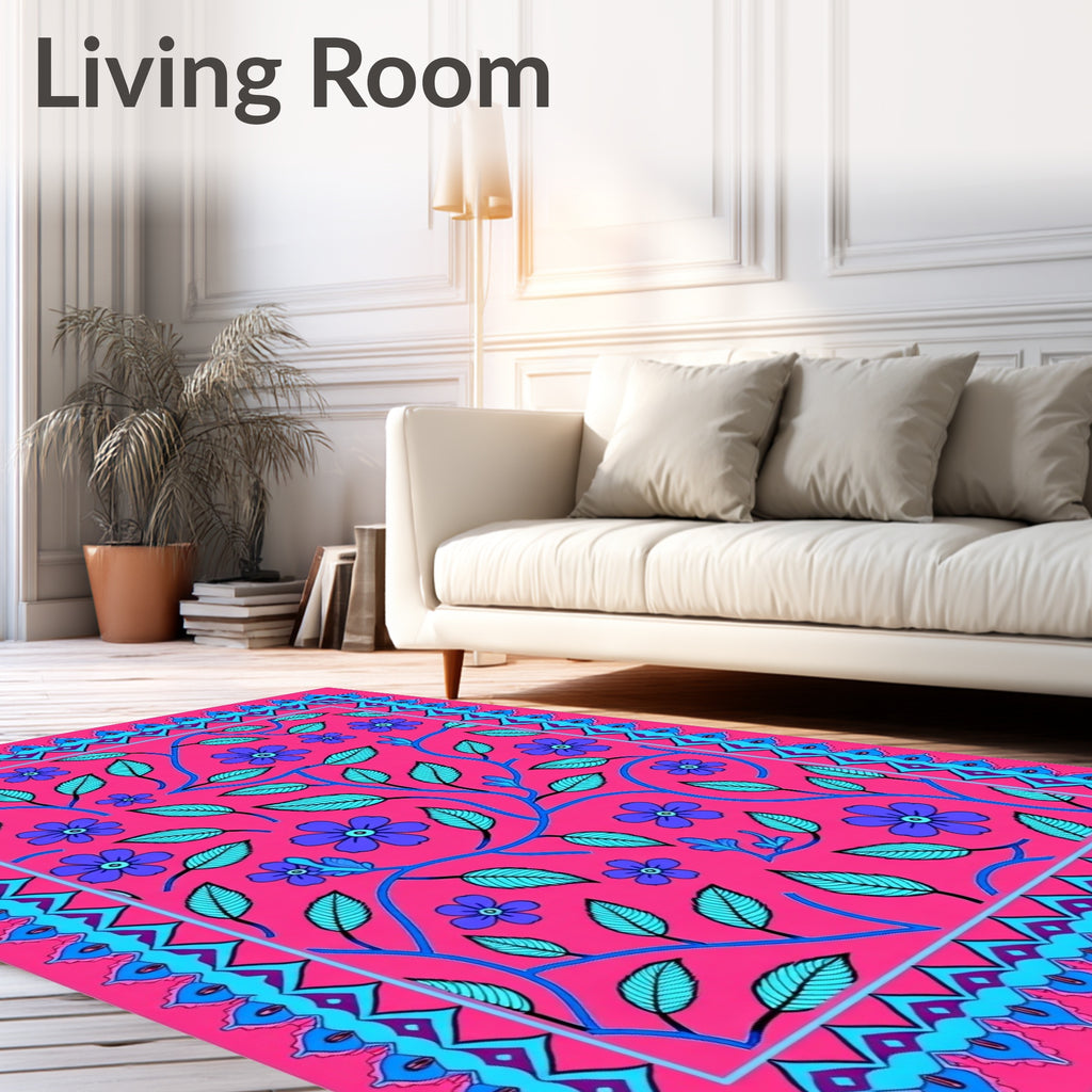 Vibrant Fuchsia Floral Botanical Border Rug