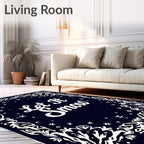 Ornate White Flourish Navy Snowflakes Rug
