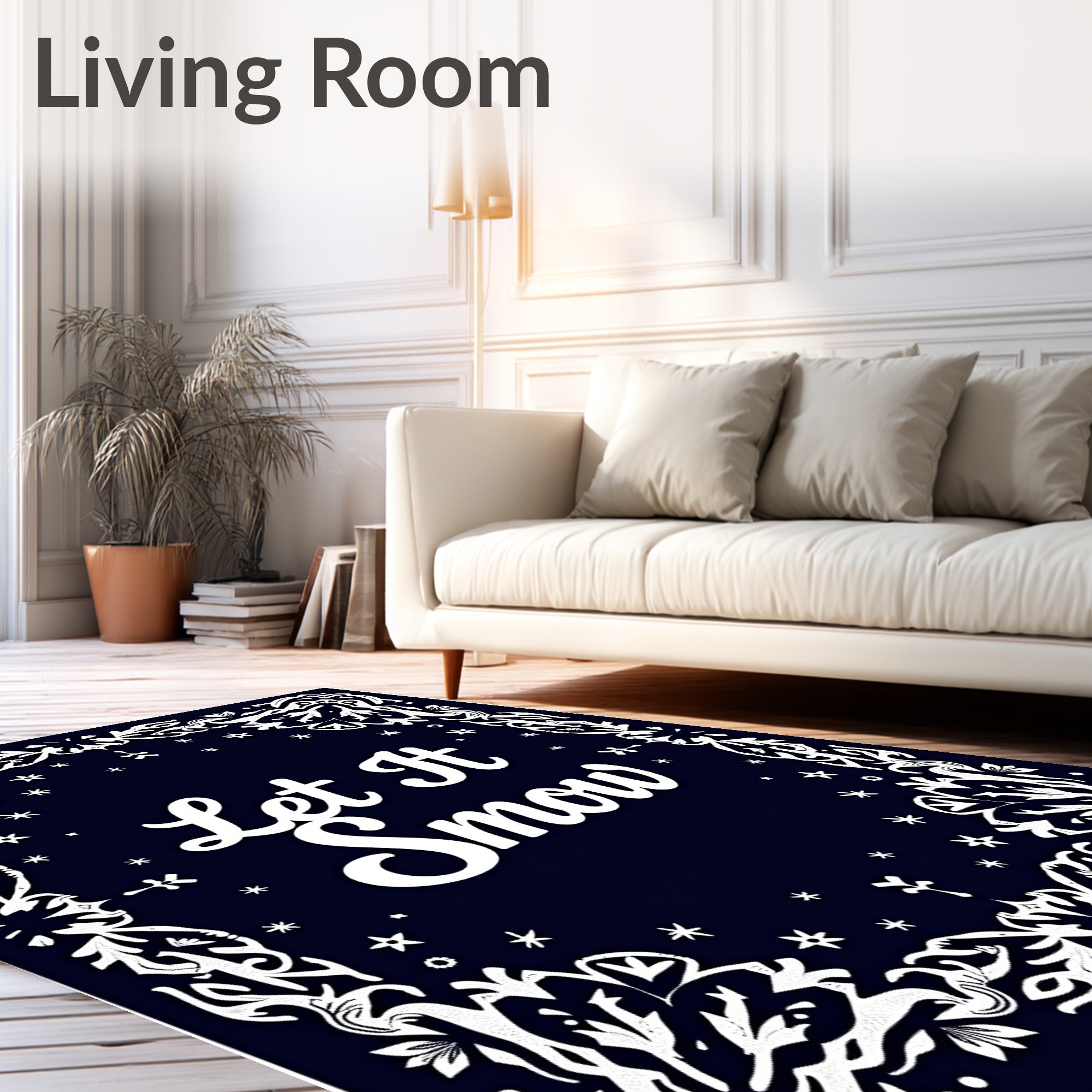 Ornate White Flourish Navy Snowflakes Rug
