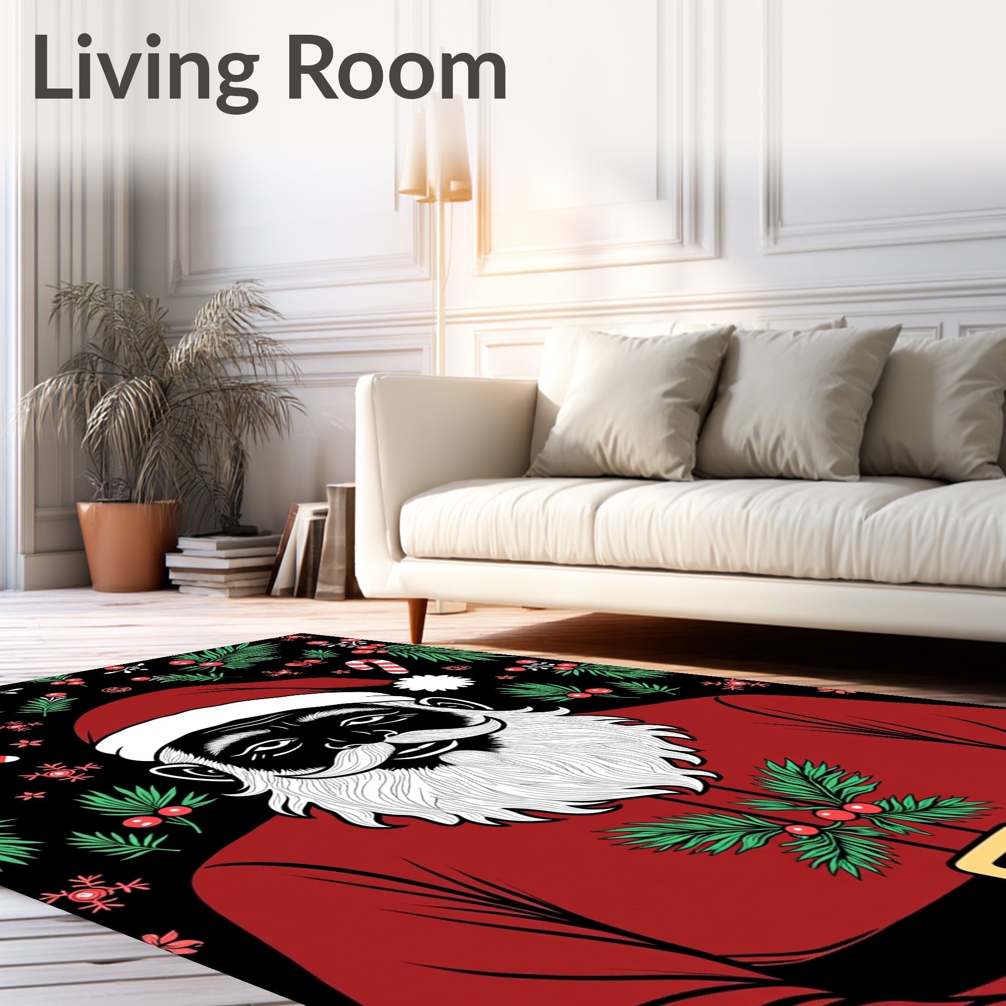 Bold Santa Claus With Red Holly Border Rug
