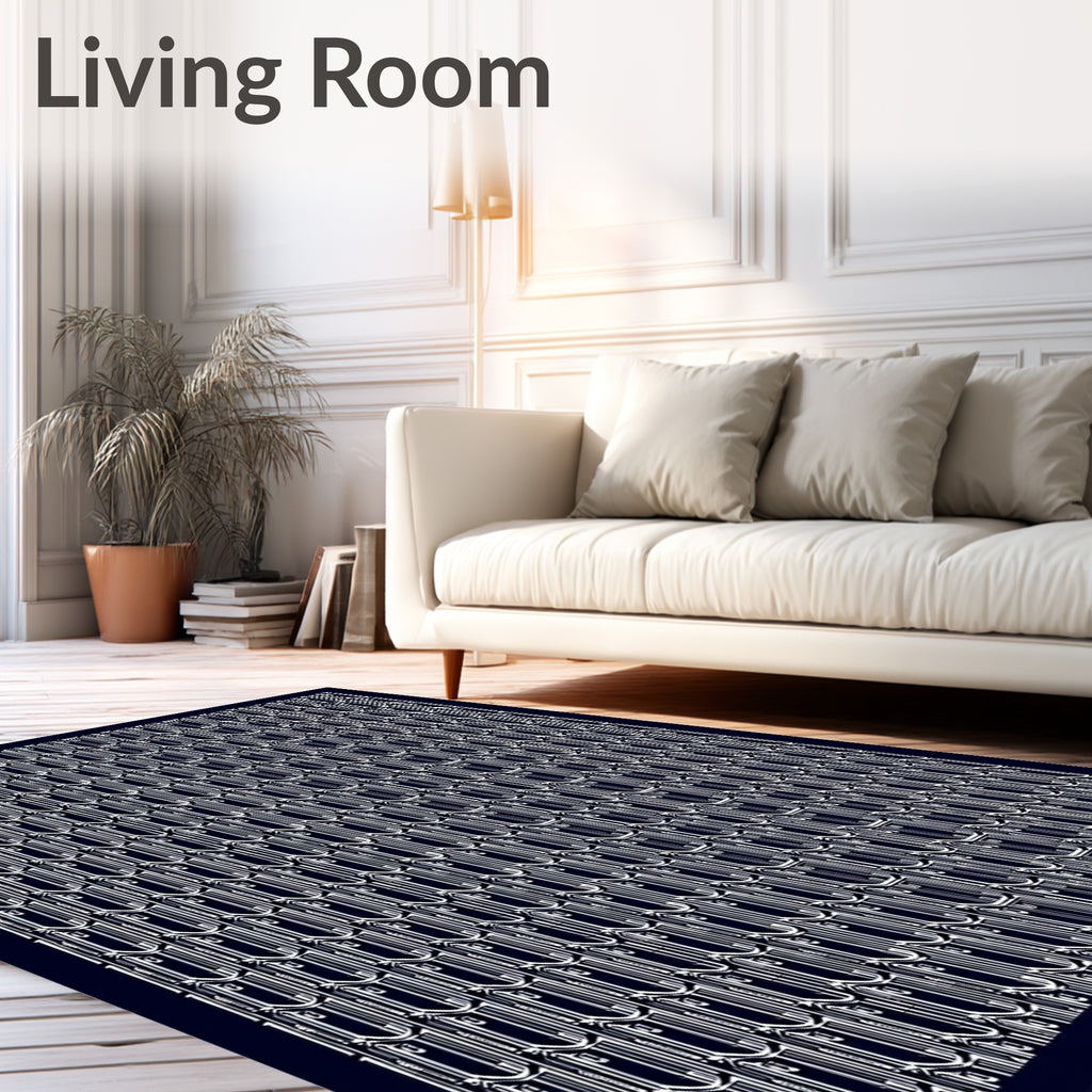 Dark Blue White Stacked Oval Geometric Rug