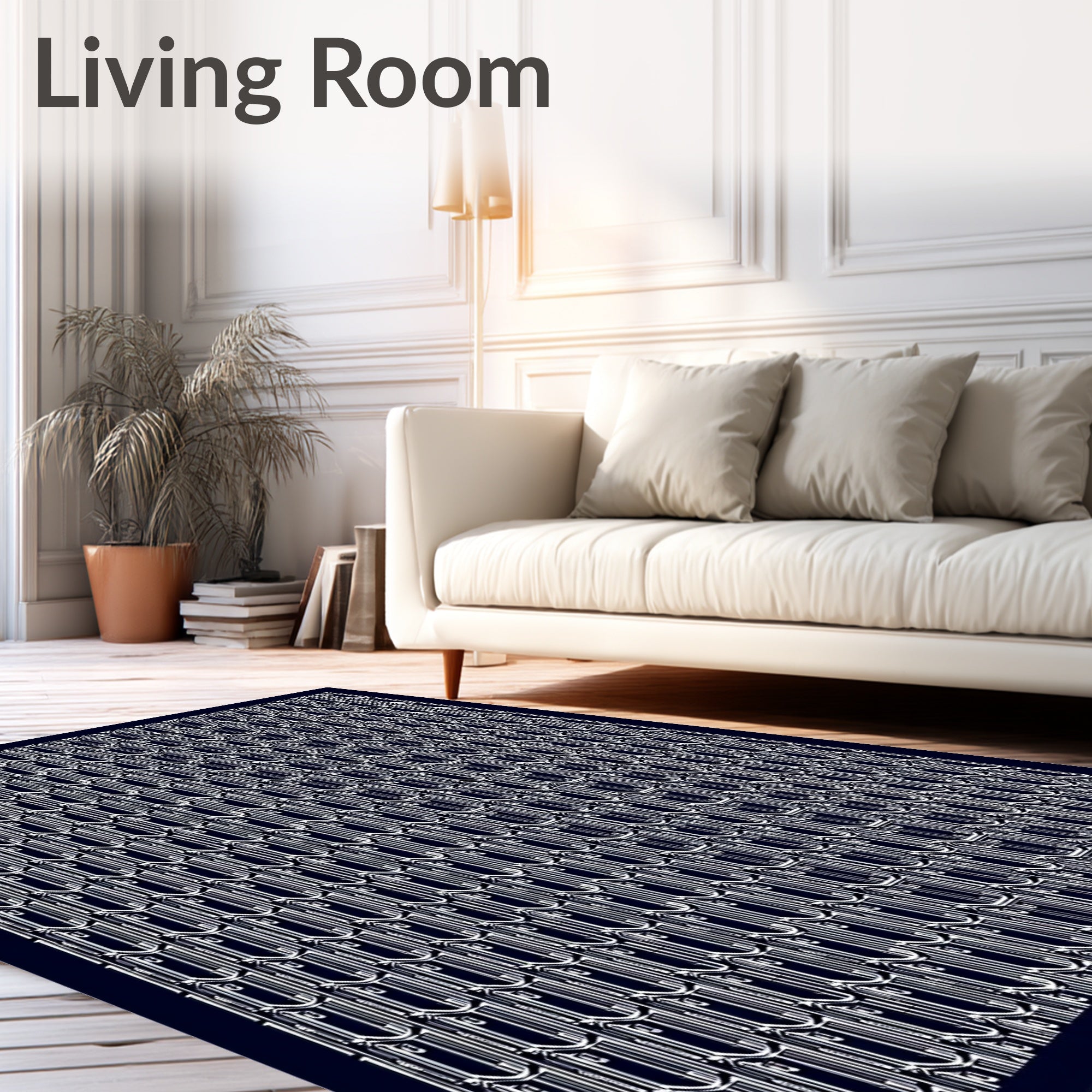Dark Blue White Stacked Oval Geometric Rug