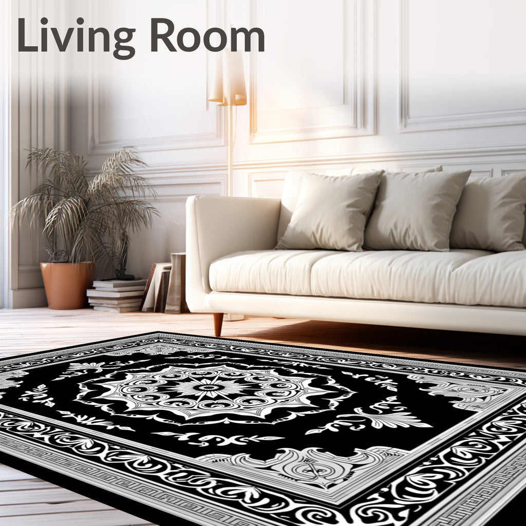 Ornate Black and White Medallion Border Rug