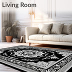 Ornate Black and White Medallion Border Rug