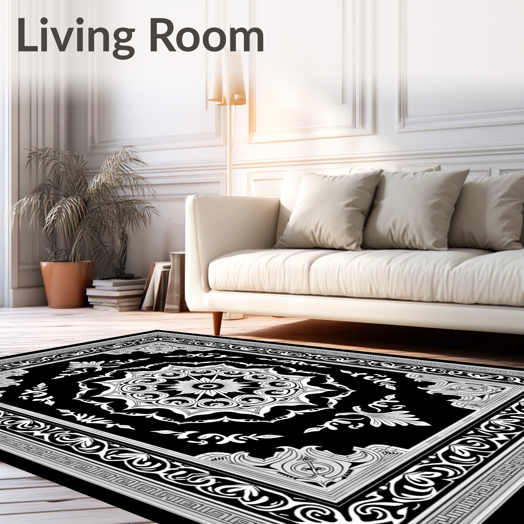 Ornate Black and White Medallion Border Rug