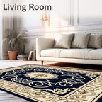 Elegant Navy Cream Floral Medallion Rug