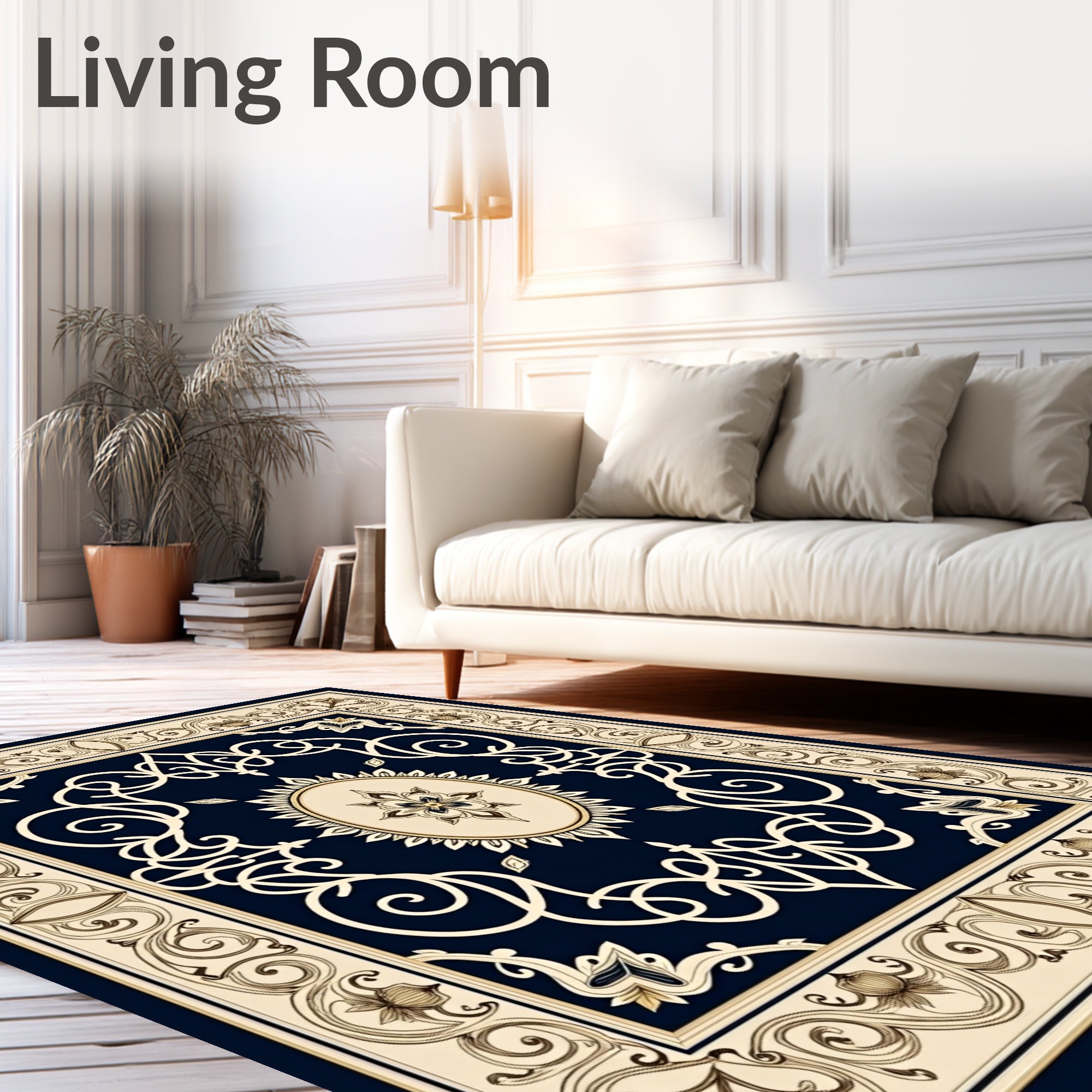 Elegant Navy Cream Floral Medallion Rug