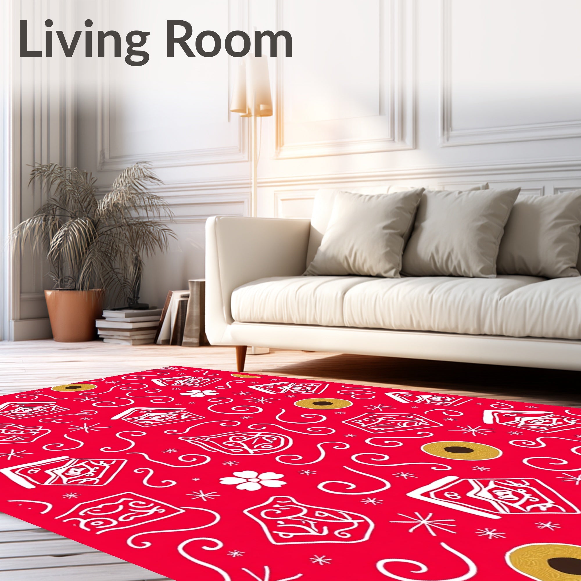 Red White Folk Art Houses Flowers Coin Rug